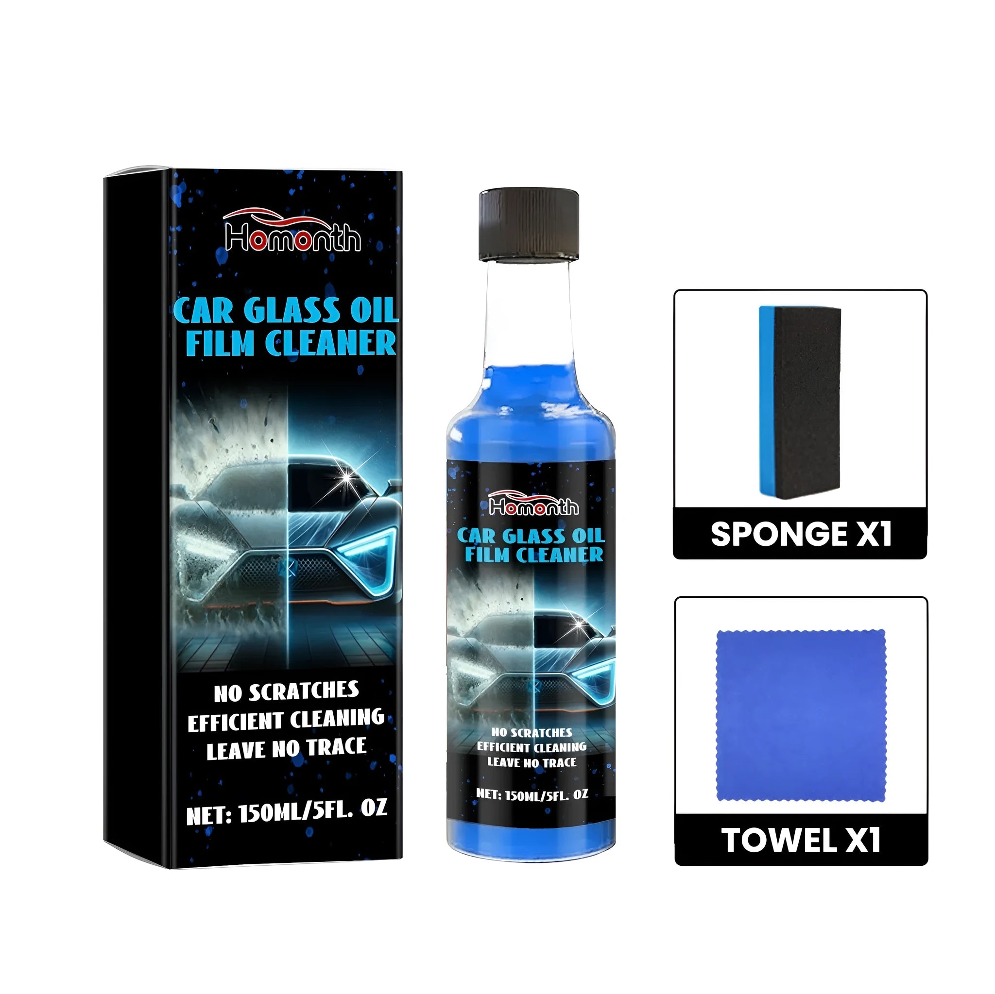 Car glass oil film cleaner 150ml spray bottle with sponge and towel for automotive windscreen cleaning