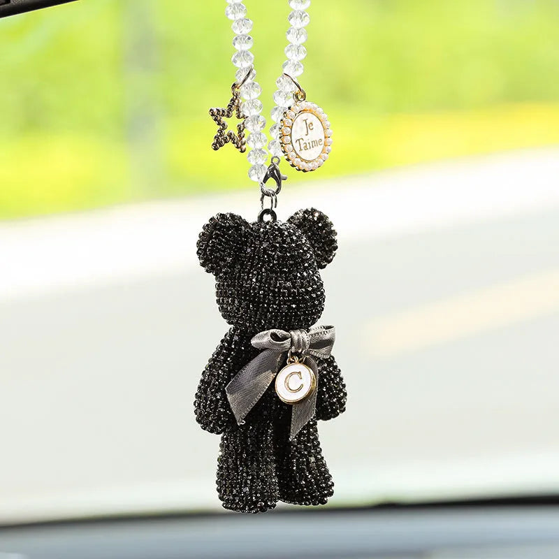 Violent bear car rearview mirror pendant with embedded artificial crystal rhinestones measuring 5x9cm
