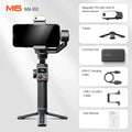 Black smartphone gimbal stabiliser with AI fill light and tripod on a table