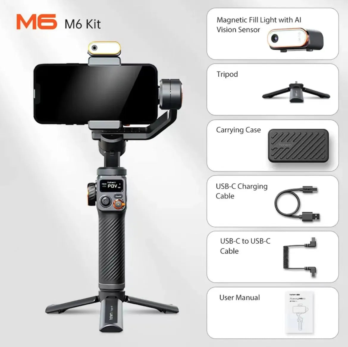 Black smartphone gimbal stabiliser with AI fill light and tripod on a table
