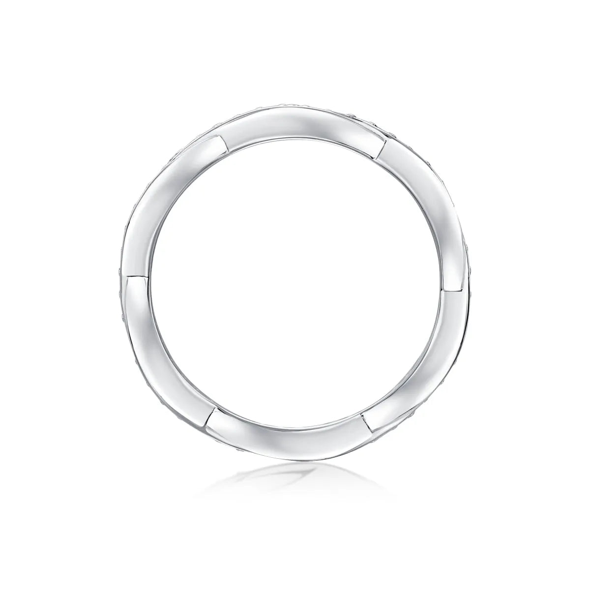 Moissanite wedding ring set in S925 silver with platinum plating on a white background