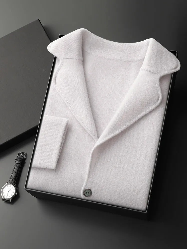 Men's loose grey cashmere cardigan sweater on a hanger
