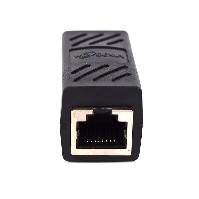 Black RJ45 network cable extender adapter for Ethernet connections