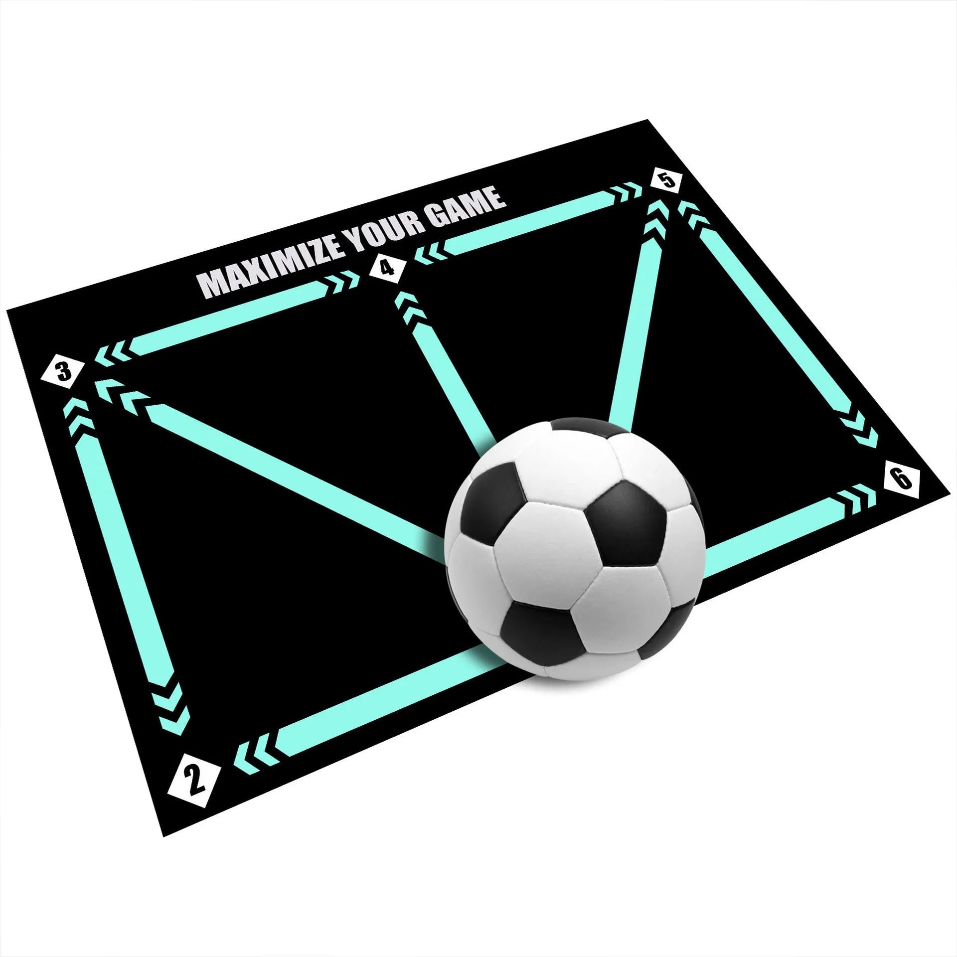 Black rectangular football training mat measuring 60 by 90 cm on a grass surface.