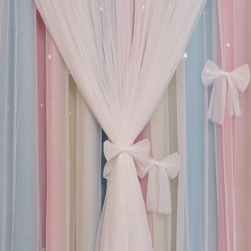 Nordic simple hollow star blackout curtains with gauze in bedroom, Pink Grey colour, hook fitting