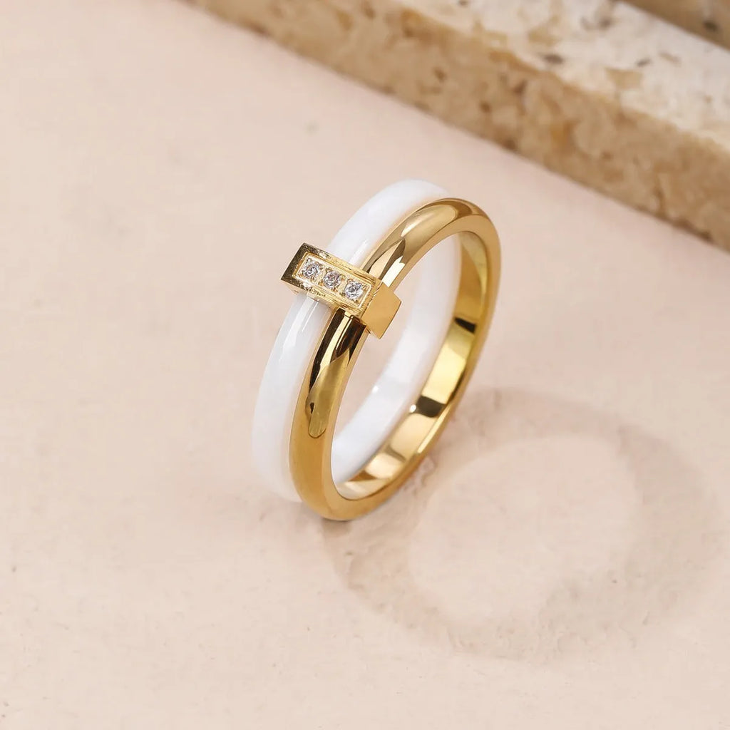 Women's titanium steel heart-shaped double ring with glossy stitching and inlaid zirconium stones