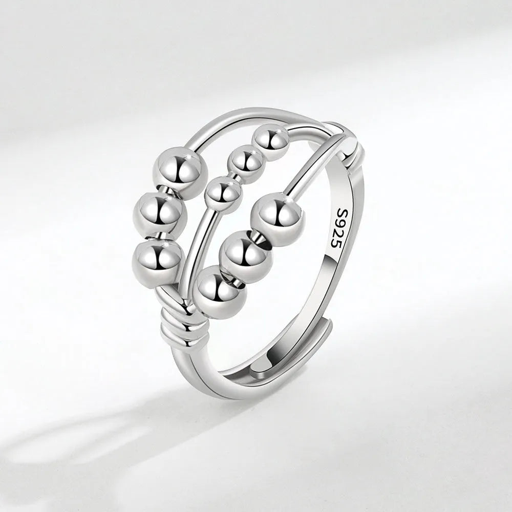 Adjustable open ring in white gold colour with three-layer beaded geometric design and copper electroplated finish