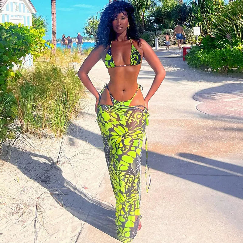 Green fashion printed long skirt bikini three-piece set for women, street style, polyester fabric, sizes S M L