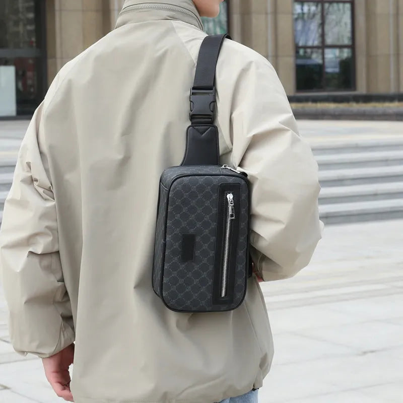 Men's black PU cross-body shoulder bag with printed design and sewing line detailing