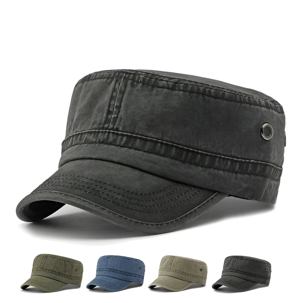 Cotton military flat top cap in army green colour with adjustable strap