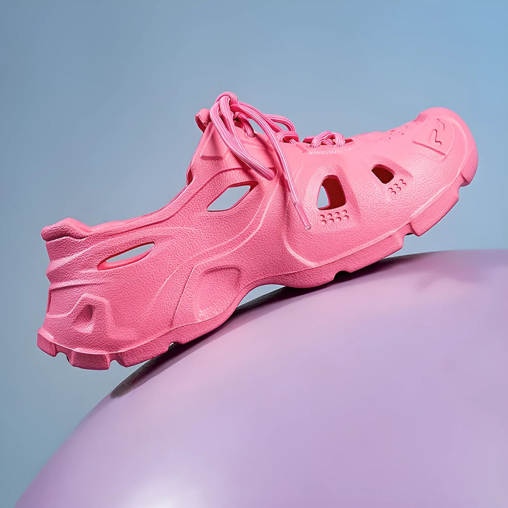 EVA thick bottom sandals in fluorescent green, orange red, and rose red colours showing unisex beach shoe design