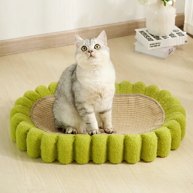 Green oval cat scratch pad bowl made of sisal measuring 650mm x 420mm