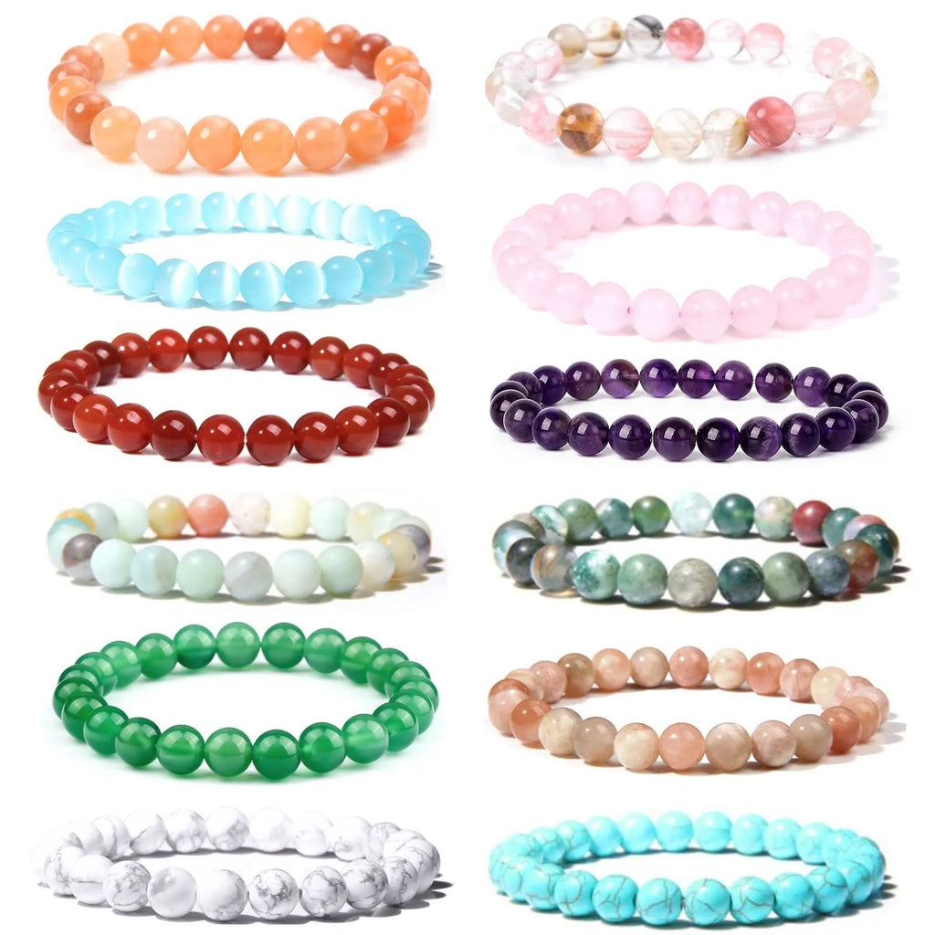 Handmade 8mm natural stone bead bracelet for women in geometric shape on a wrist.
