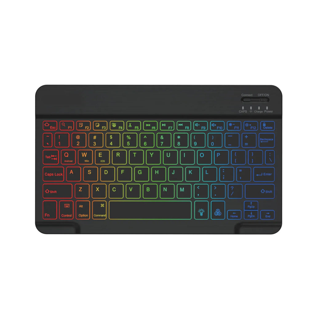 10-inch black Bluetooth keyboard with colourful LED backlighting for tablets on a desk.