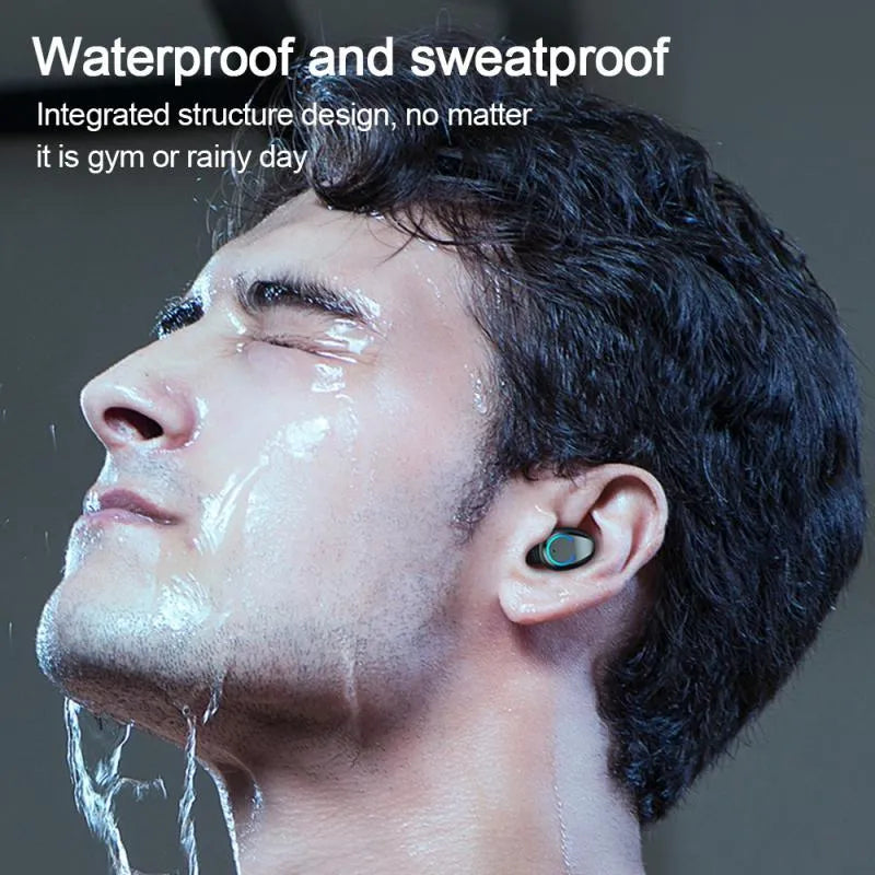 Binaural mini cylindrical Bluetooth headphones in black with charging compartment
