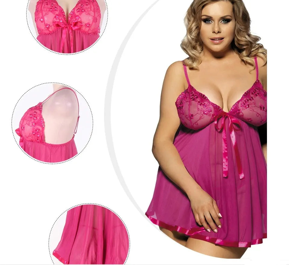 Women's purple mesh lace sleepdress on a hanger, showing seamless design and larger 6XL size.