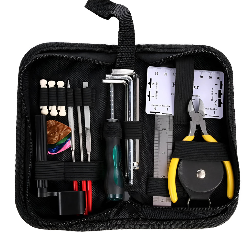Black plastic and metal guitar repair tool kit for guitar, bass, mandolin, and banjo maintenance