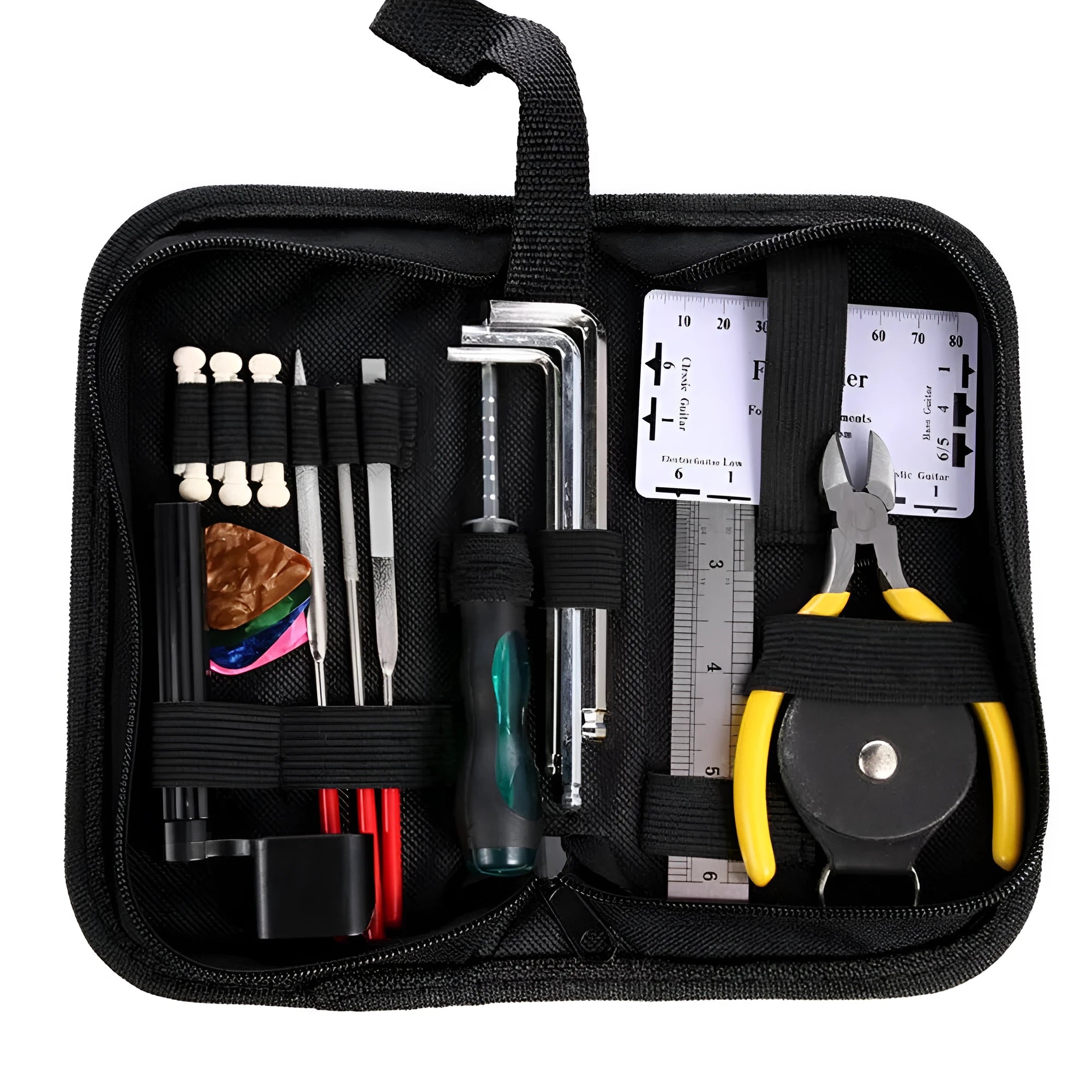 Black plastic and metal guitar repair tool kit for guitar, bass, mandolin, and banjo maintenance
