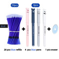 Hot erasable pen set with 0.5mm tip in black blue red colours showing pens and refills
