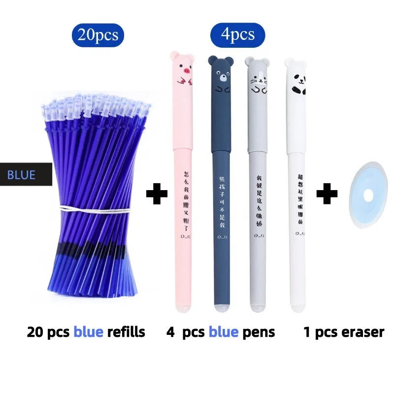 Hot erasable pen set with 0.5mm tip in black blue red colours showing pens and refills