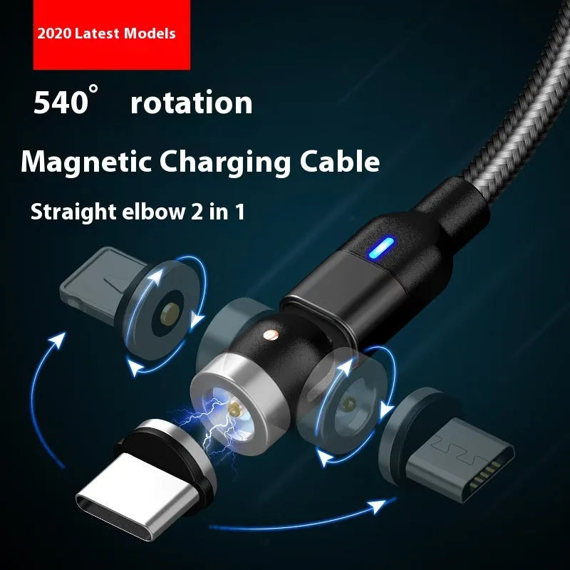 Flat elbow magnetic suction three-in-one data cable with Lightning, Micro USB, and TYPE-C connectors on a 1m woven cord