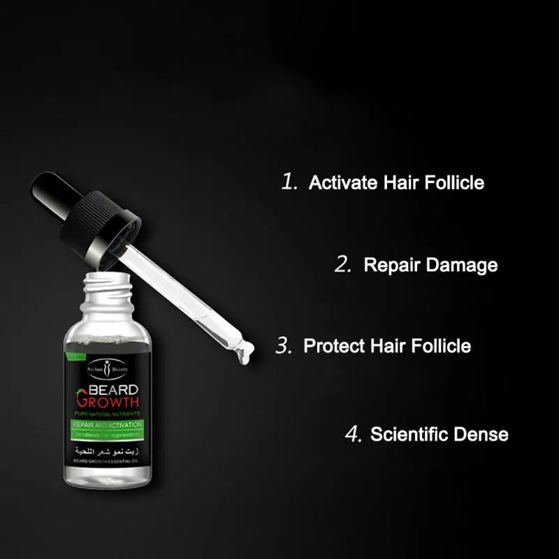 Bottle of natural beard growth essential oil for men, moisturises and conditions facial hair