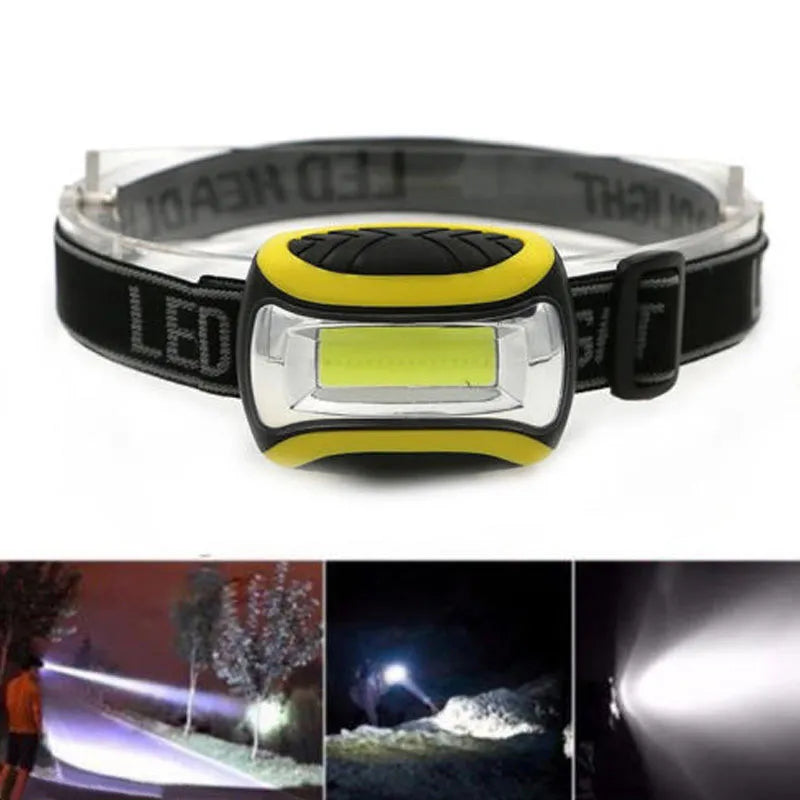 Yellow plastic headlamp with three speed settings and COB LED light for outdoor use.