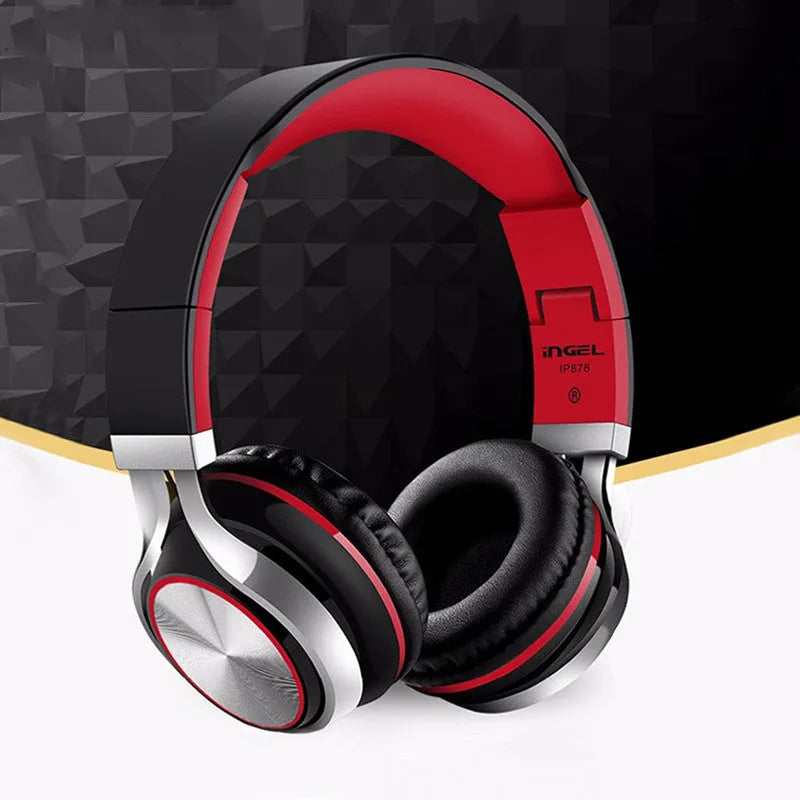 Folding black Bluetooth headset with 40mm speakers shown in open and closed positions.