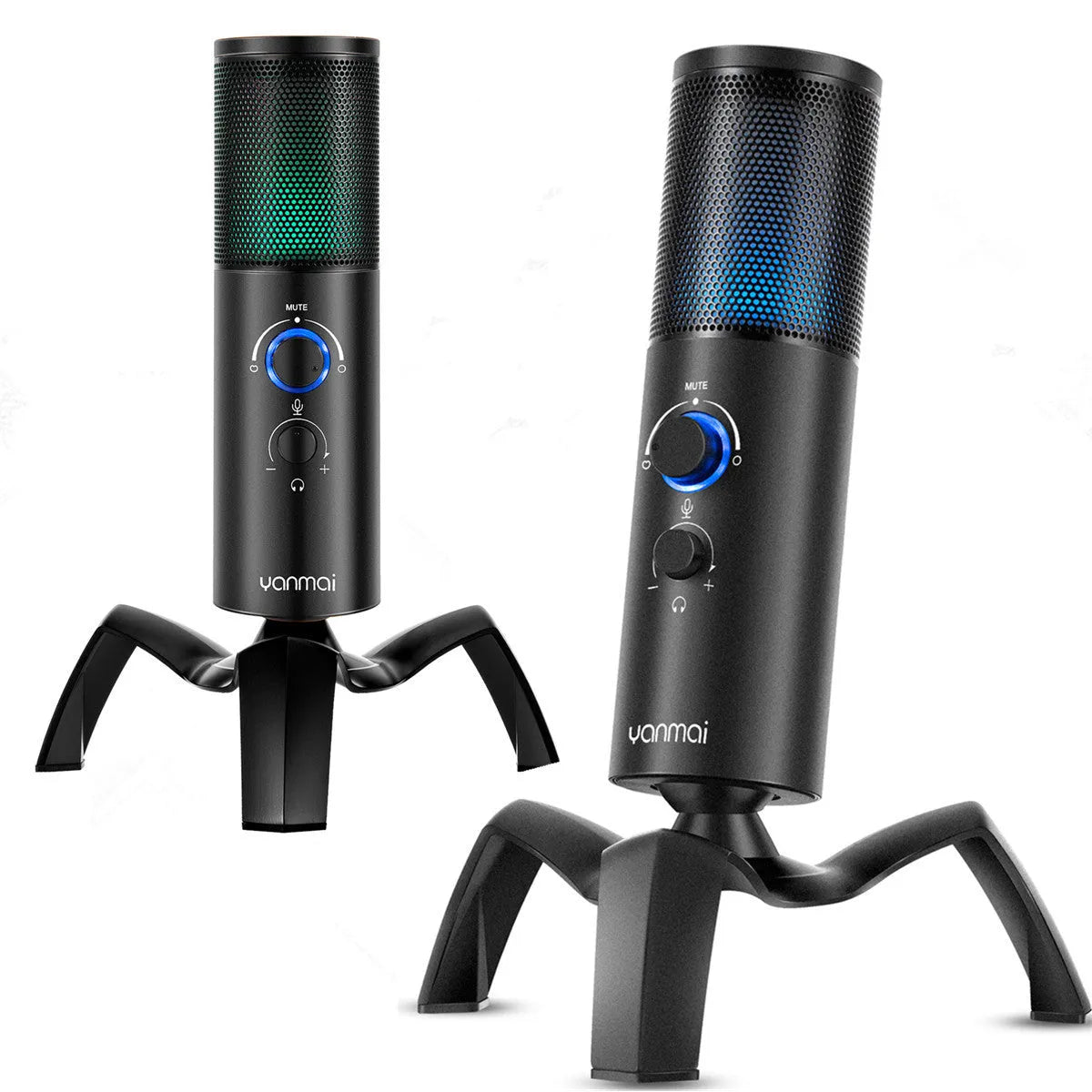 Black metal USB condenser microphone with RGB lighting on integrated tripod mount