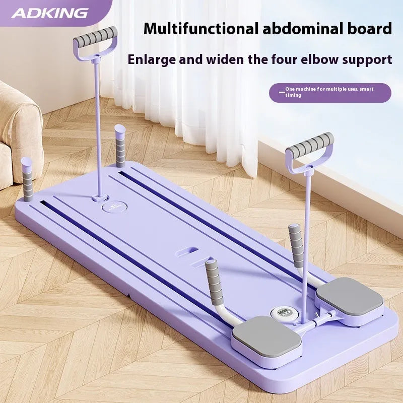 Purple multi-functional fitness board with automatic rebound abdominal wheel for home exercise.