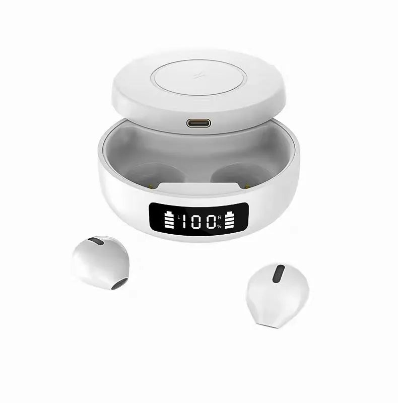 Small black wireless semi-in-ear headphones placed inside their white wireless charging case.