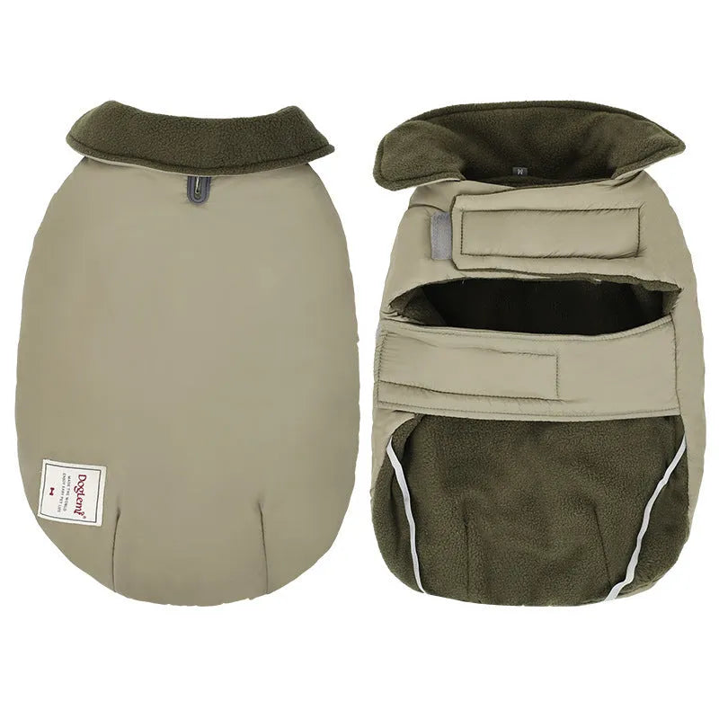 Dog wearing a solid colour cotton-padded turtleneck vest for cold weather.