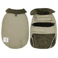 Dog wearing a solid colour cotton-padded turtleneck vest for cold weather.