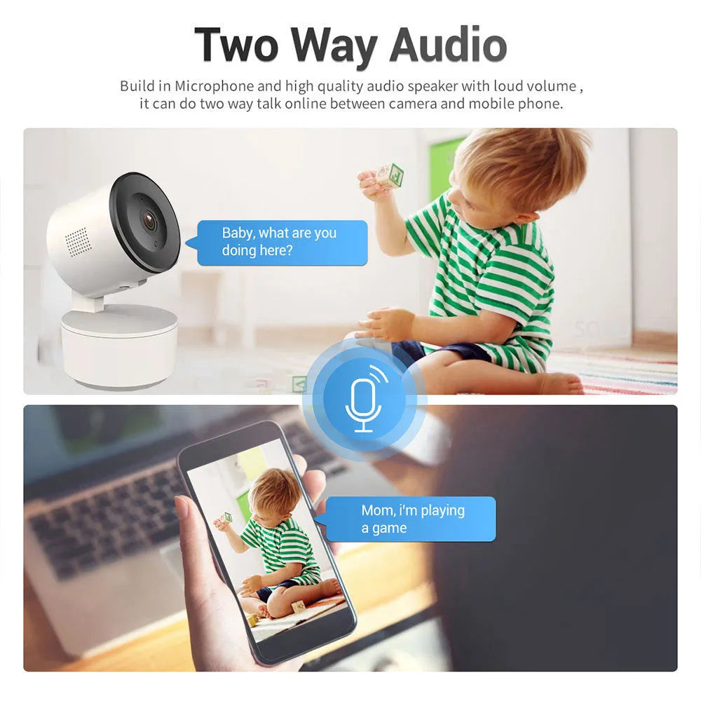 Smart Wi-Fi indoor security camera with pan-tilt mechanism showing 1080P video quality and motion detection