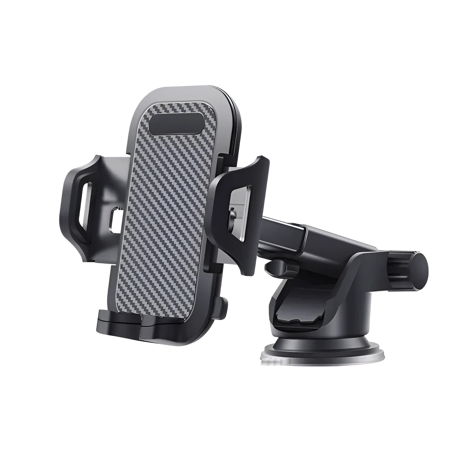 Black adjustable car phone holder for smartphones between 4 and 7 inches.