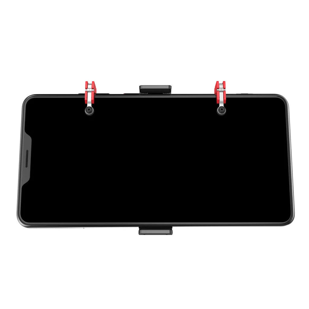 Black mobile phone game trigger stand with adjustable metal trigger and telescopic fixing clip