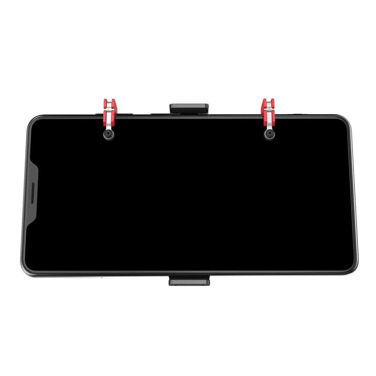 Black mobile phone game trigger stand with adjustable metal trigger and telescopic fixing clip