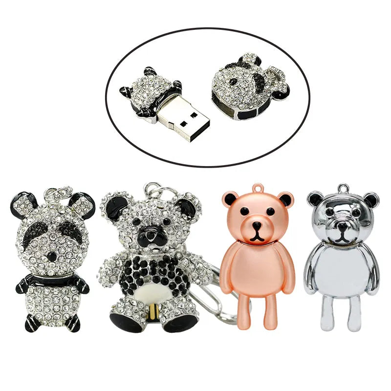 Crystal jewelry USB flash drive with crystal bear design metal shell in Panda colour on white background