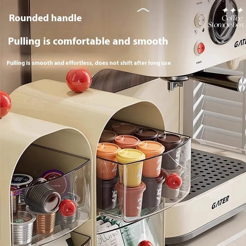 Large capacity clear plastic storage box in milky white and red for office tea room, drawer design