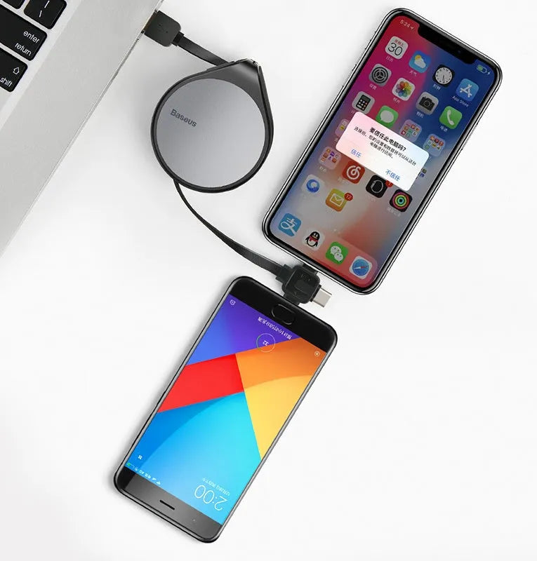 Telescopic three-in-one charging cable extended to 1 metre showing USB-C, Micro USB, and Lightning connectors