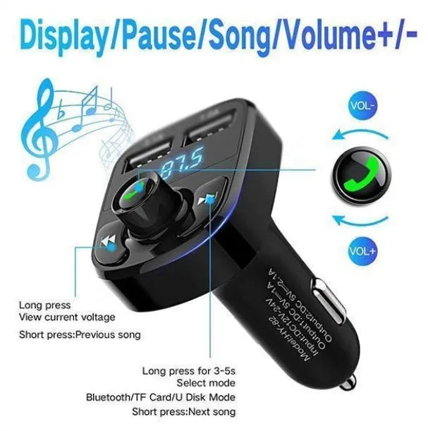 Modern car charger in black with MP3 playback and 3.1A USB output