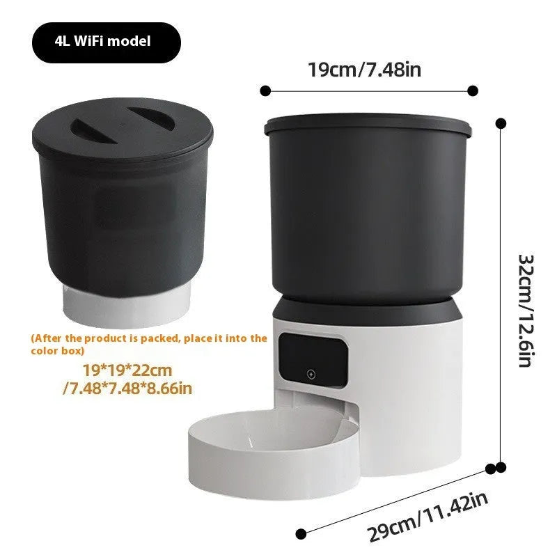 White 4L smart pet feeder with app control and optional camera on a kitchen floor.