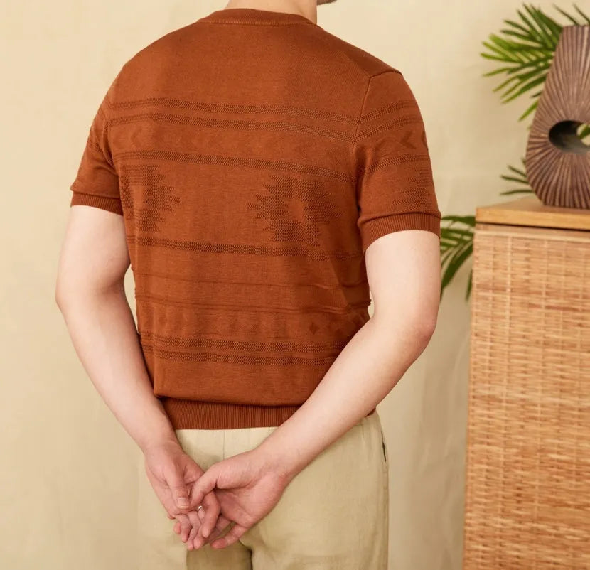 Knitted Henley shirt in denim blue, American retro slim-fit short sleeve, cotton Lyocell blend, front view