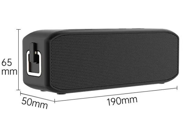 Black wireless waterproof Bluetooth speaker with 20W output power and 12-hour battery life