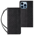 Black embossed leather pattern flip case for iPhone shown open, next to brown and blue colour options.