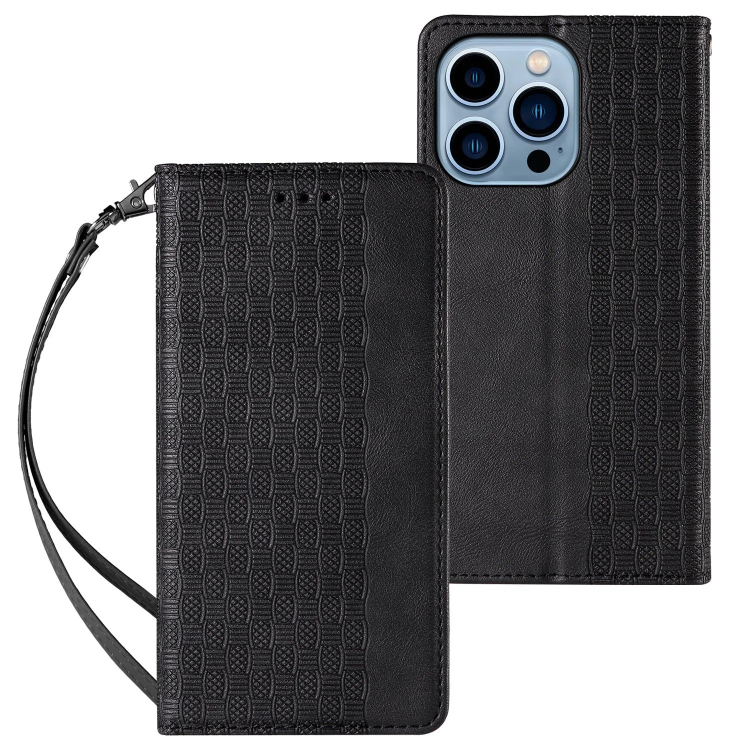 Black embossed leather pattern flip case for iPhone shown open, next to brown and blue colour options.