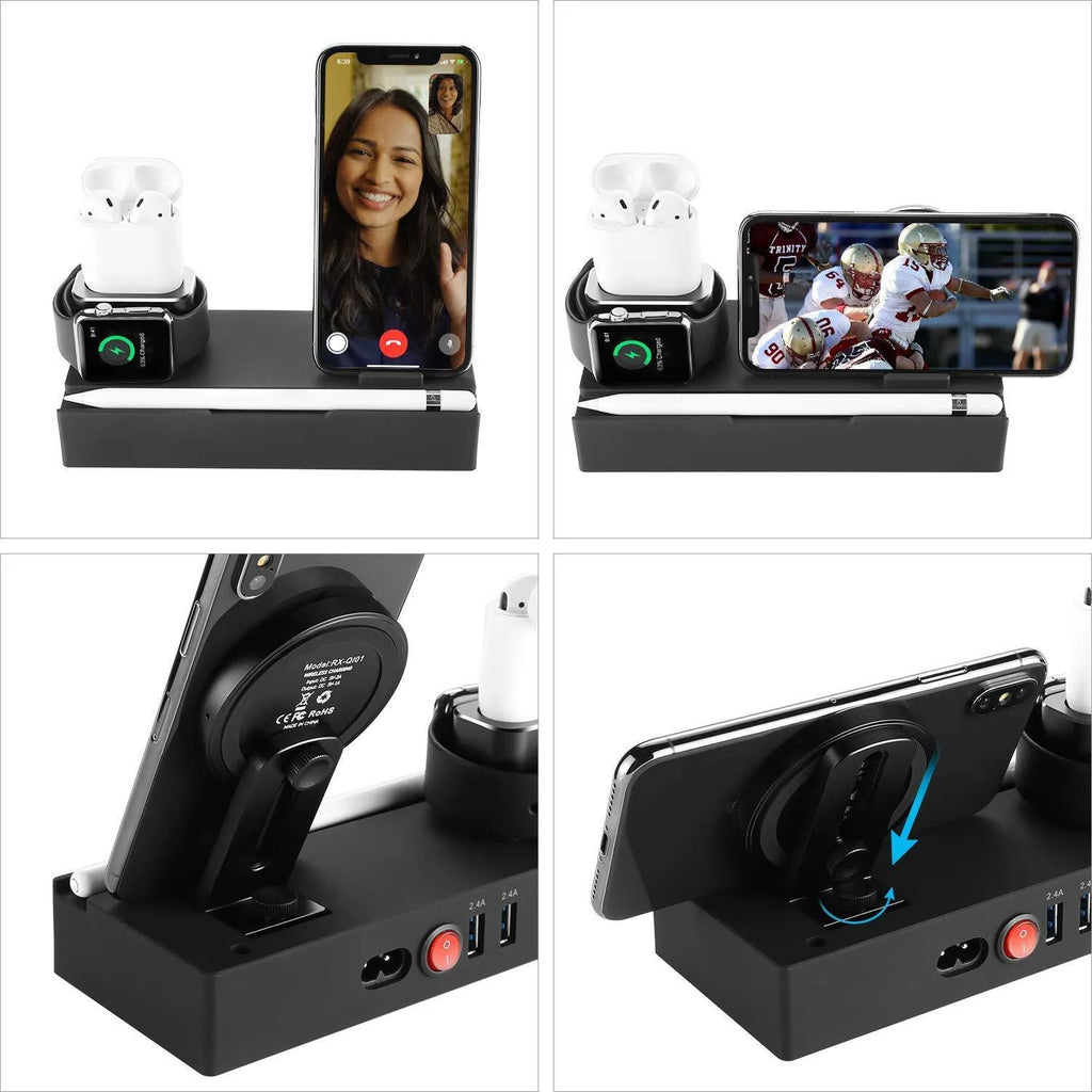 Black eight-in-one wireless charging station bracket with five USB ports and a circular aluminium alloy wireless charging pad.