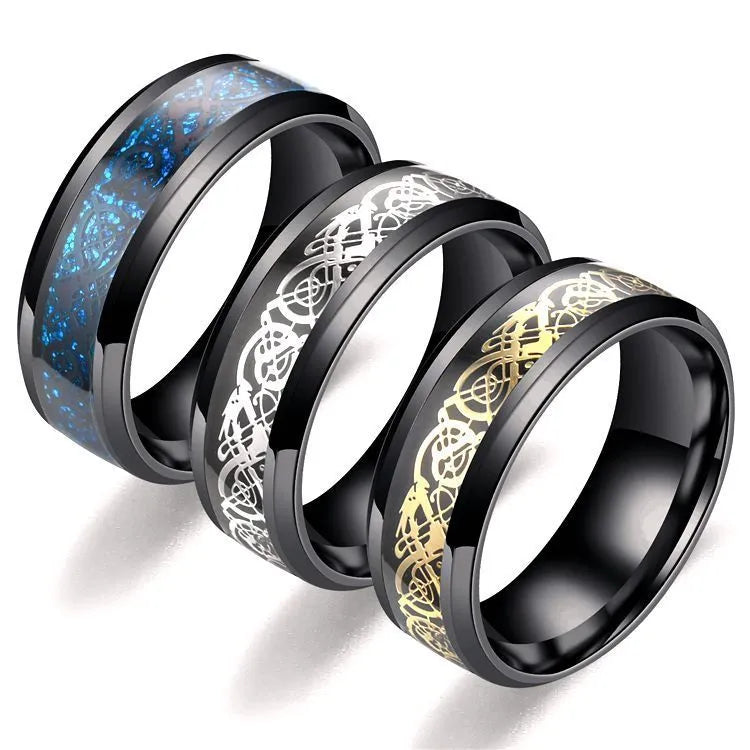 Dragon pattern stainless steel ring in silver, black, gold, blue, or red finish, unisex, sizes 6 to 13