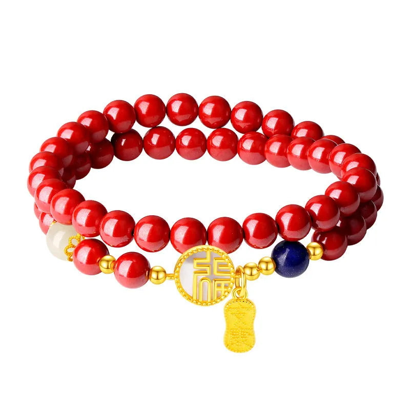 Women's S925 sterling silver bracelet with cinnabar blessing card pendant and purple gold sandstone accents