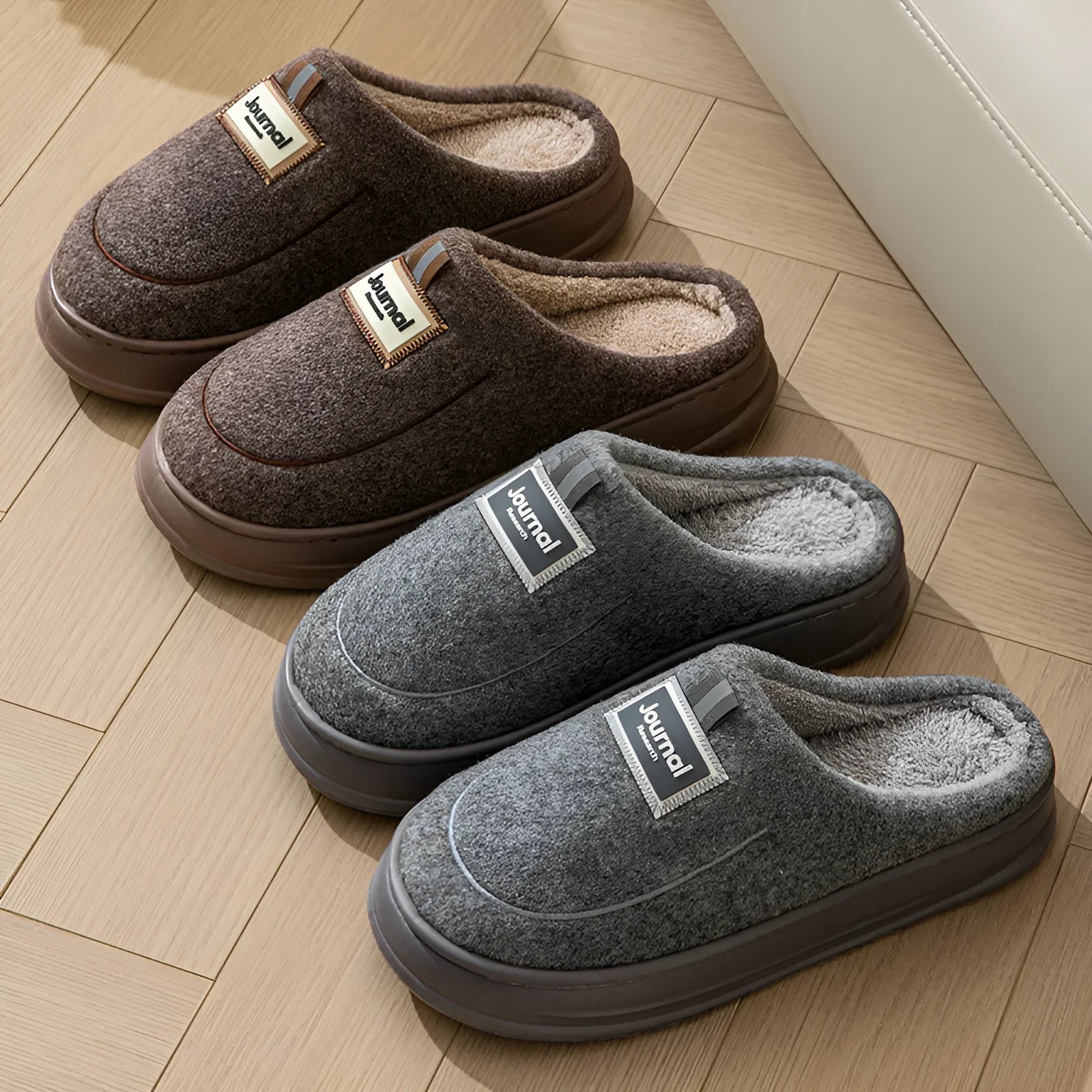 Men's brown suede slippers with a thickened sole on a wooden floor